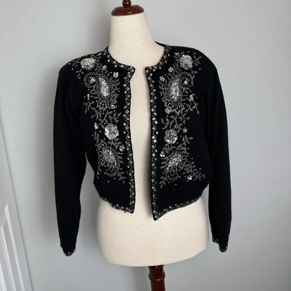 Vintage Wool Black Embellished Cardigan - Picture 1 of 7